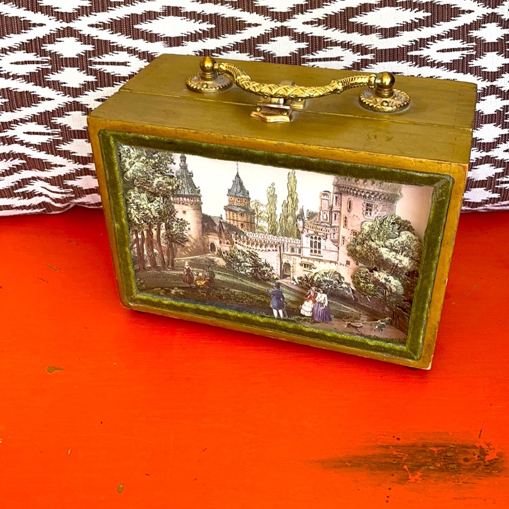 Vintage handmade, wooden purse with gold handles